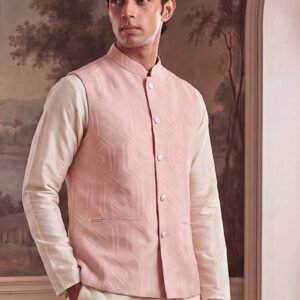 Mens Pink Jacquard Woven Design Mandarin Collar Koti