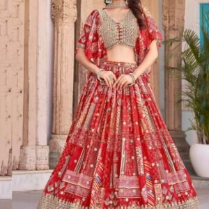 Stunning Red Chinon Digital Printed Wedding Lehenga Choli