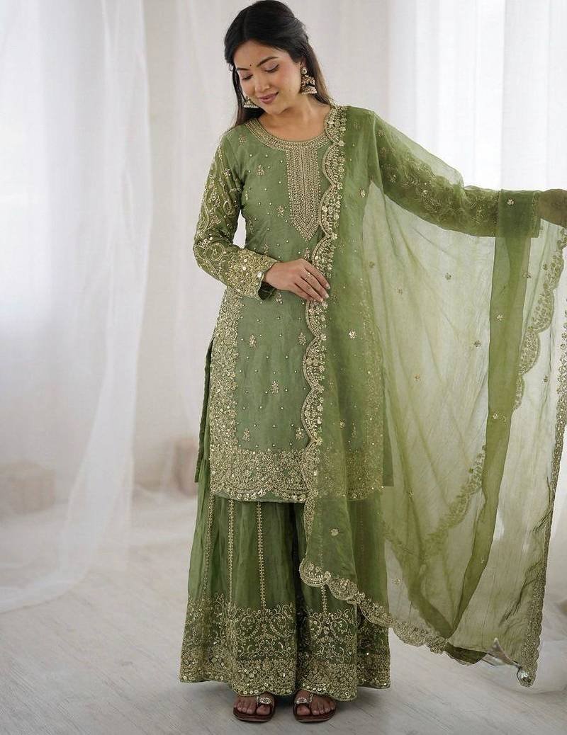 Green Heavy Embroidered Suit Stitched