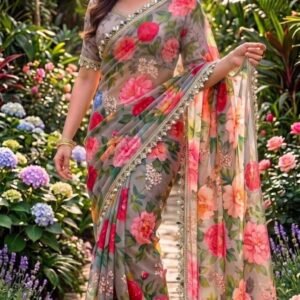 Multicolor Georgette Printed Saree With Floral Print