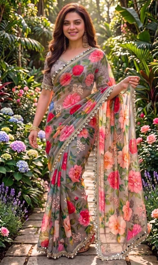 Multicolor Georgette Printed Saree With Floral Print