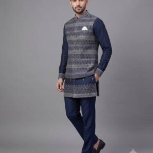 Navy Blue Jacquard Nehru Jacket For Men