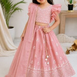 Pink Chinon Silk Frill Kids Lehenga Set With Embroidery